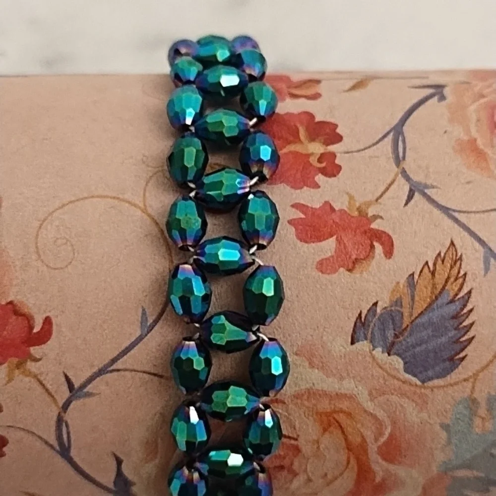 Vintage Brass Wire Woven Iridescent Green Faceted Beads Toggle Clasp